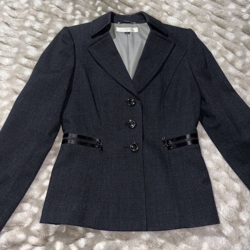 Tahari ASL Womens Petite Gray Wool Blend Blazer Zip Pocket Career Jacket Size 4